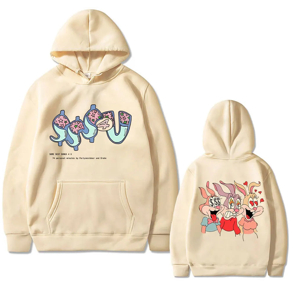 Cream-colored oversized hooded sweatshirt with playful cartoon graphic in soft cotton featuring famous rapper partynextdoor and drake album design