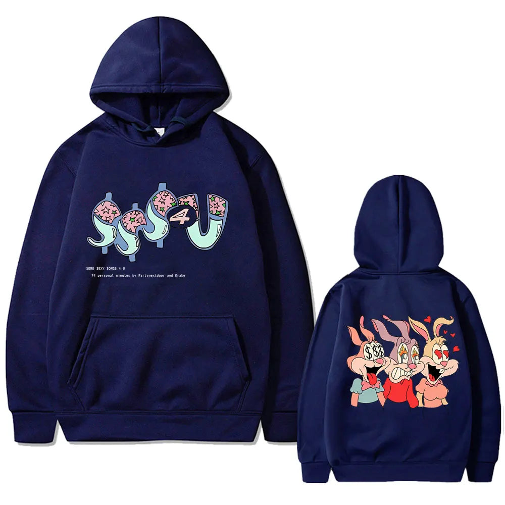 Navy blue oversized hooded sweatshirt featuring stylized dollar sign brains front graphic and cartoon bunnies back inspired by famous rapper partynextdoor and drake album