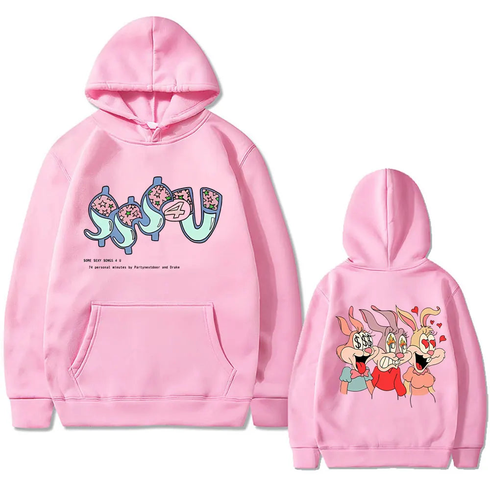 Pink hoodie with cartoon bunny graphics and front pocket oversized hooded sweatshirt for famous rapper partynextdoor drake album fans