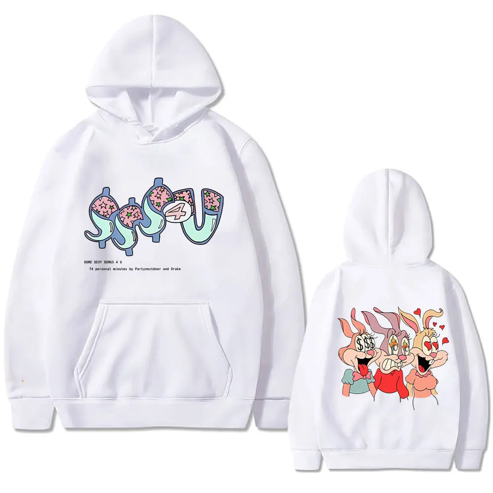 White oversized hooded sweatshirt featuring colorful cartoon bunnies and dollar signs from famous rapper partynextdoor and drake album