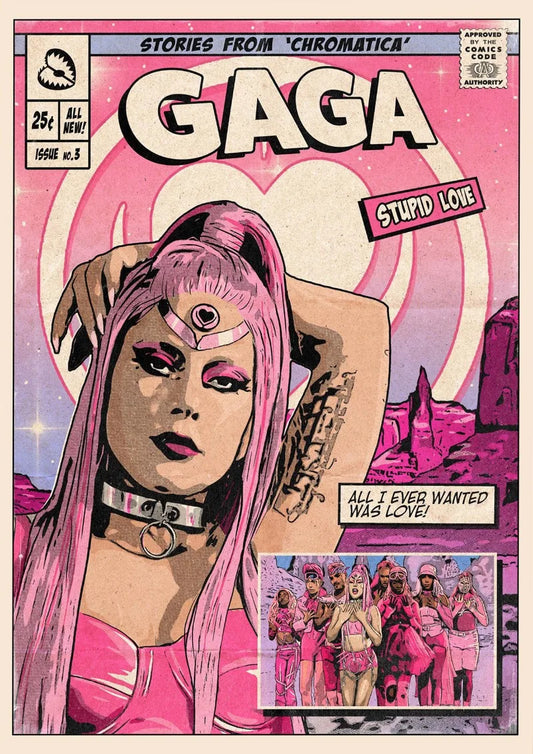 Pink-haired woman with third eye wearing pink outfit and silver choker on lady gaga vintage comic album canvas print
