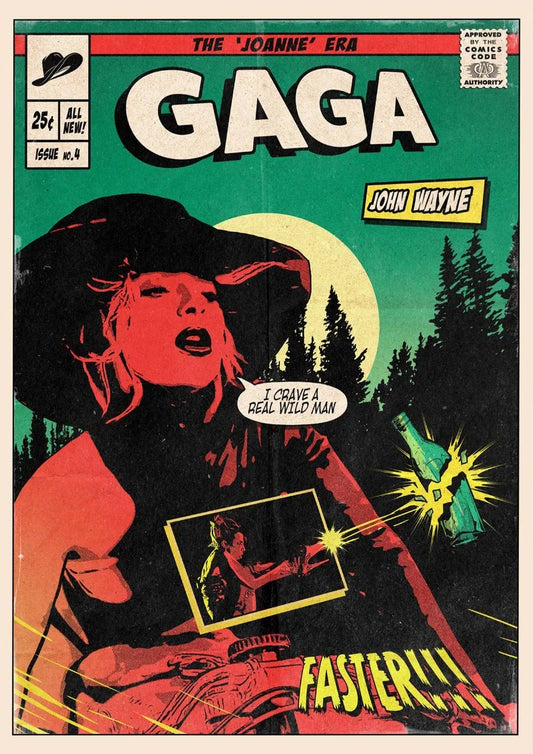 Stylized vintage comic pop music album cover poster print featuring lady gaga in a black cowboy hat on green background
