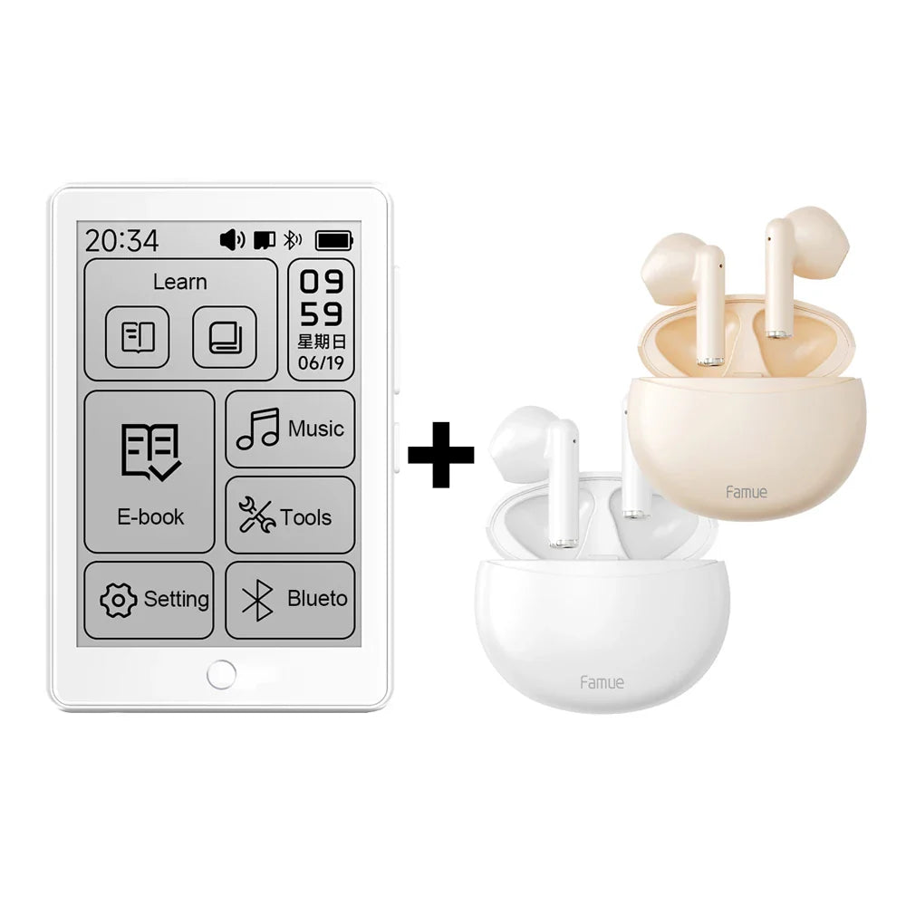 Cream-colored famue wireless earbuds with matching charging case next to a white 2.7 inch e-ink screen mp3 player 64gb reader bluetooth