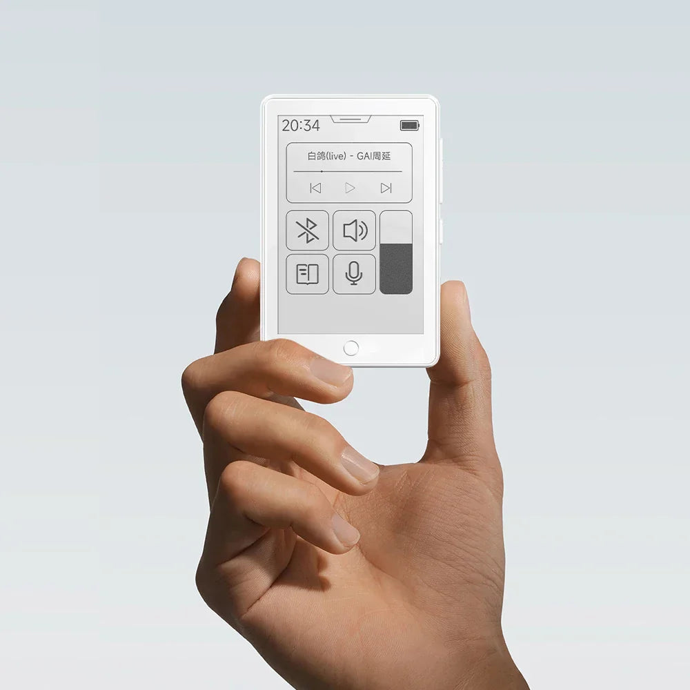 White rectangular famue 2.7 inch e-ink screen mp3 player 64gb with reader bluetooth displaying media controls and time