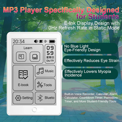 White rectangular famue mp3 player 64gb with 2.7 inch e-ink screen reader bluetooth for student classroom recording