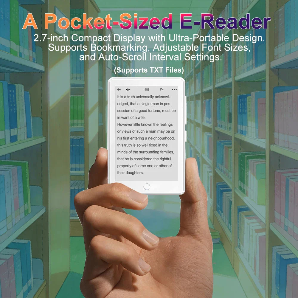 White rectangular Famue 2.7 inch e-ink mp3 player 64gb with bluetooth held in hand against bookshelf for student classroom recording