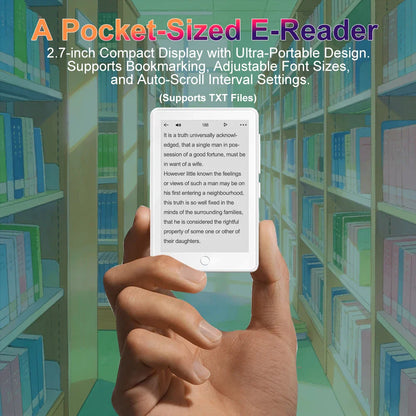 White rectangular Famue 2.7 inch e-ink mp3 player 64gb with bluetooth held in hand against bookshelf for student classroom recording