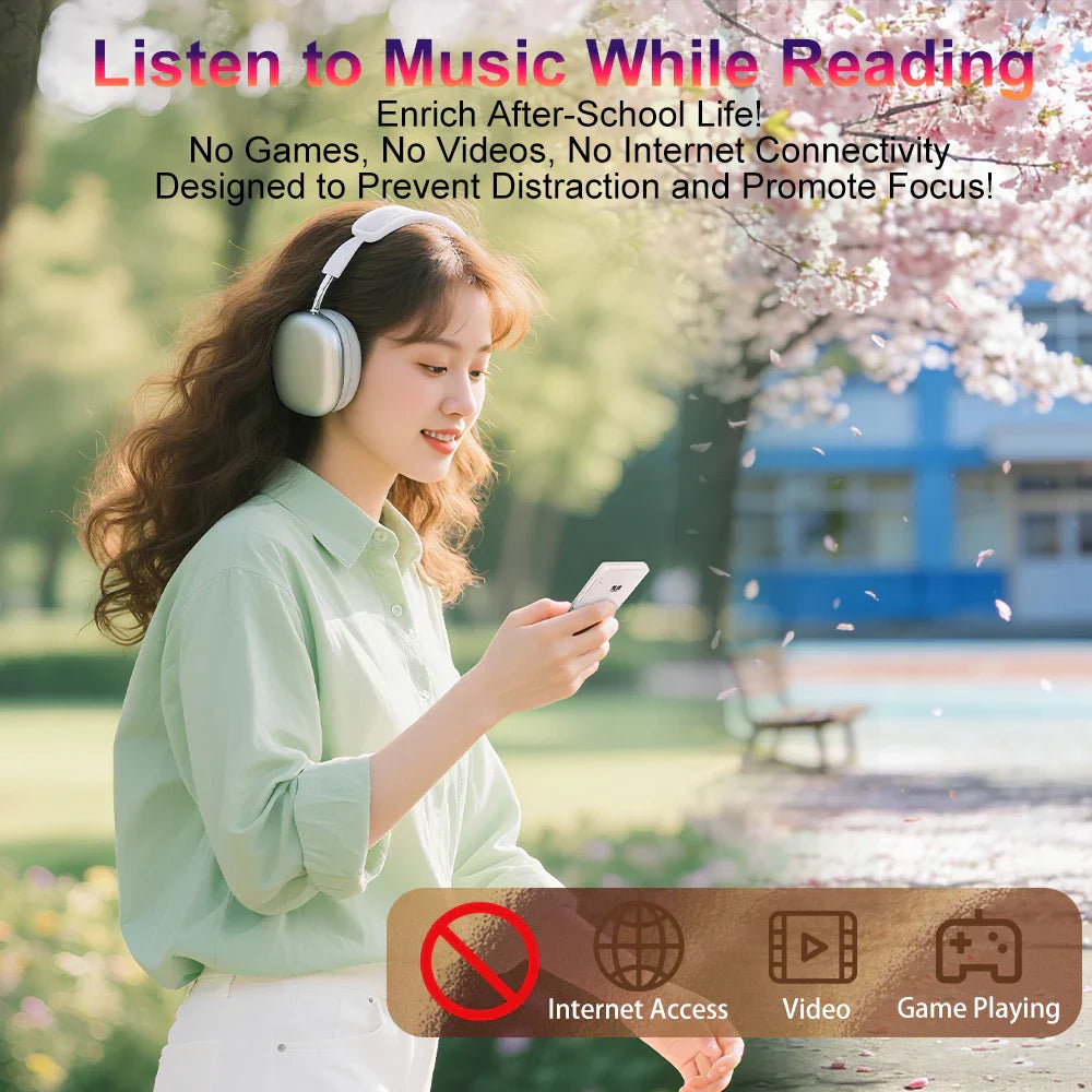 White over-ear headphones with sleek modern design paired with famue 2.7 inch e-ink screen mp3 player 64gb reader bluetooth