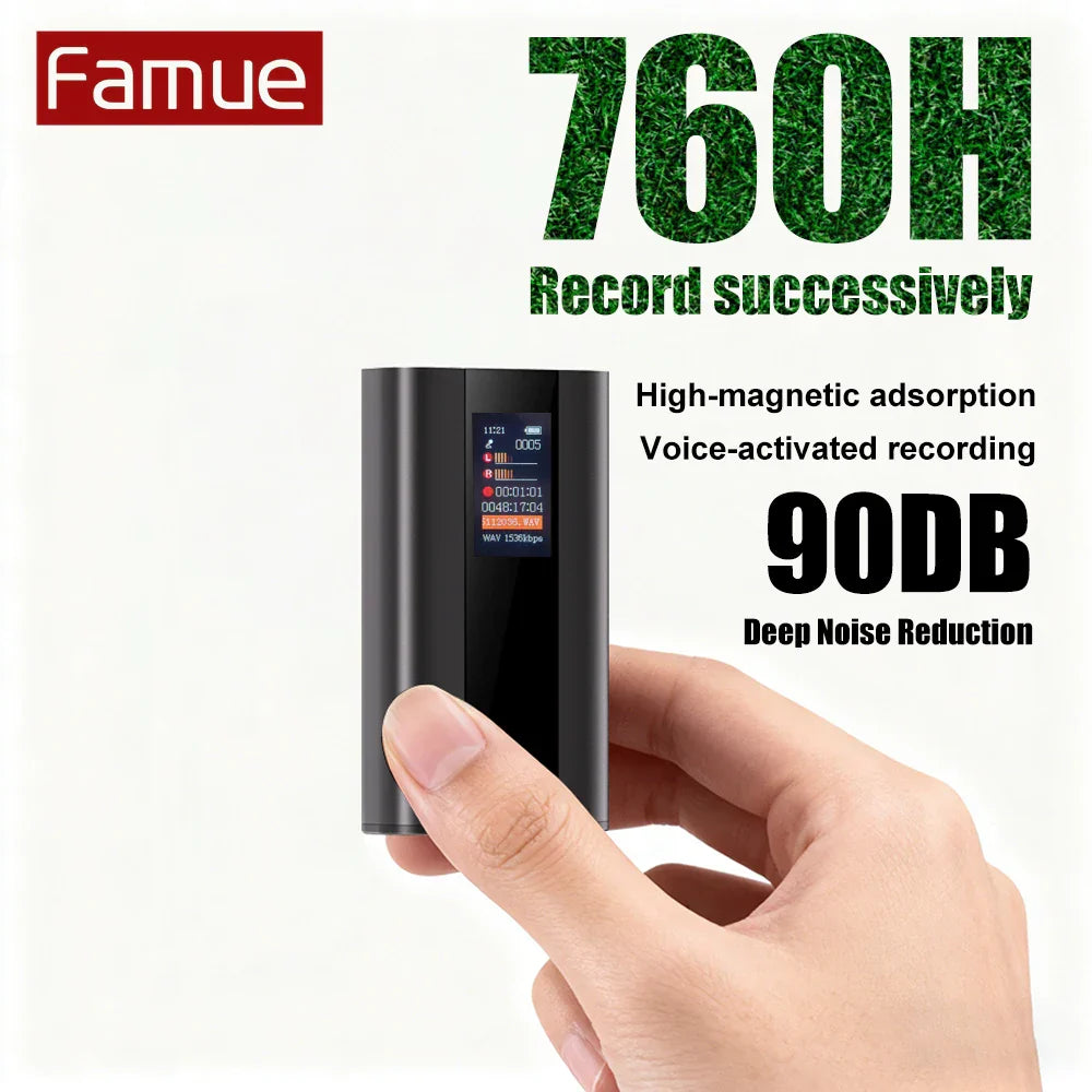 Black cylindrical Famue L27 adsorption voice recorder with 760h recording 90db noise reduction 64GB digital display