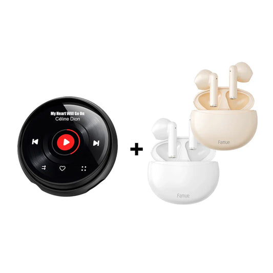 Black famue mp3 player bf03 circular chassis custom design wireless speaker with red play button and beige earbuds in cases