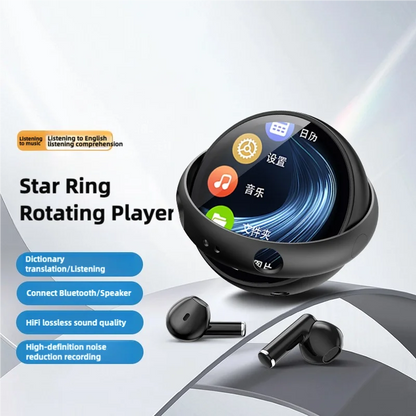 Famue mp3 player bf03 black star ring rotating player with circular chassis custom design and matching wireless earbuds