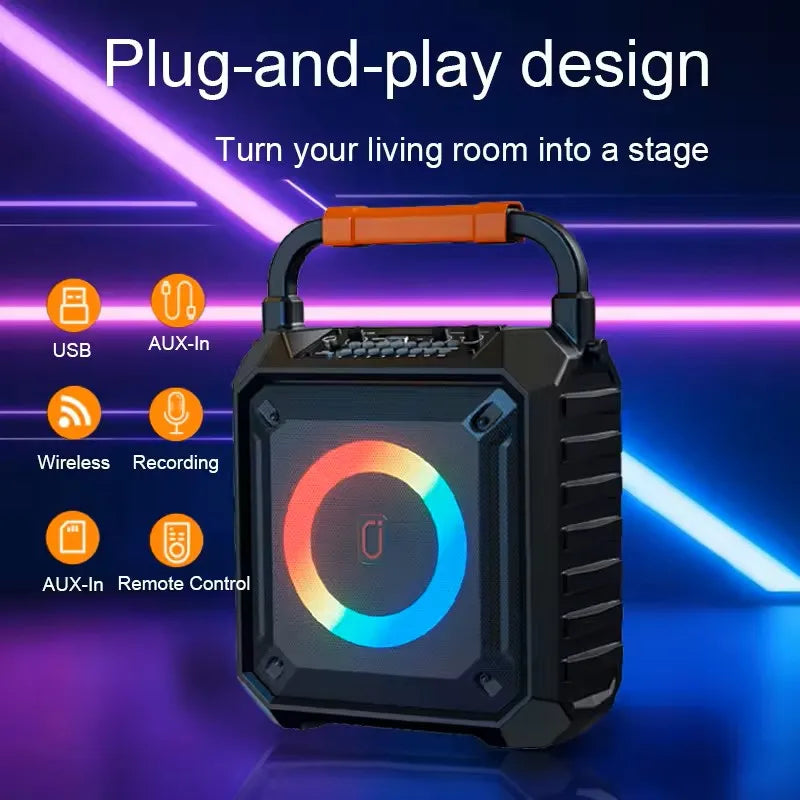 Black fanfun t17 karaoke portable bluetooth speaker with orange handle and colorful led ring display for wireless karaoke microphones