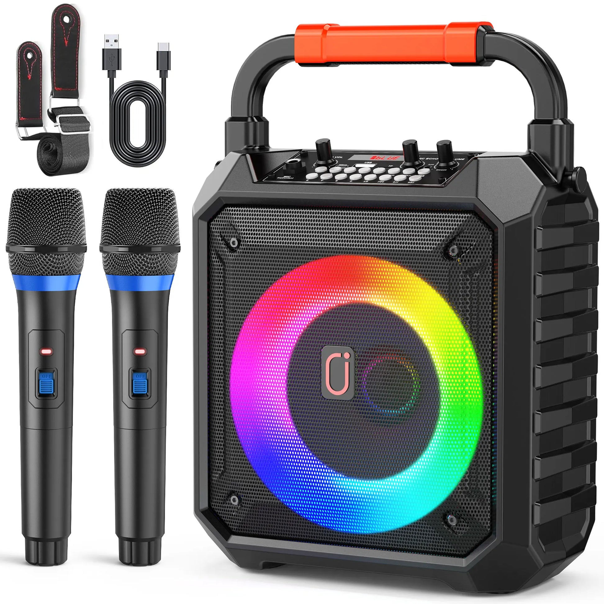 Black portable fanfun t17 karaoke speaker with orange handle, rainbow led light ring, rugged design, and wireless karaoke microphones