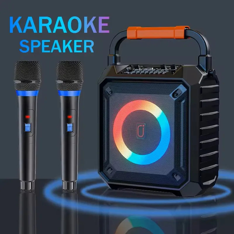 FanFun T17 karaoke machine with black portable Bluetooth speaker, orange handle, colorful LED ring, and two wireless karaoke microphones