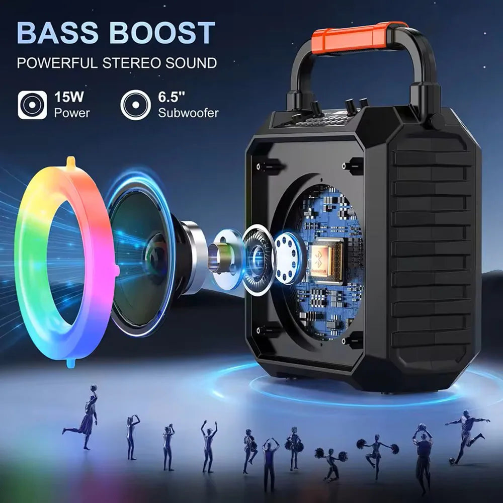Black fanfun t17 karaoke portable bluetooth speaker with orange handle and visible internal circuitry featuring wireless karaoke microphones