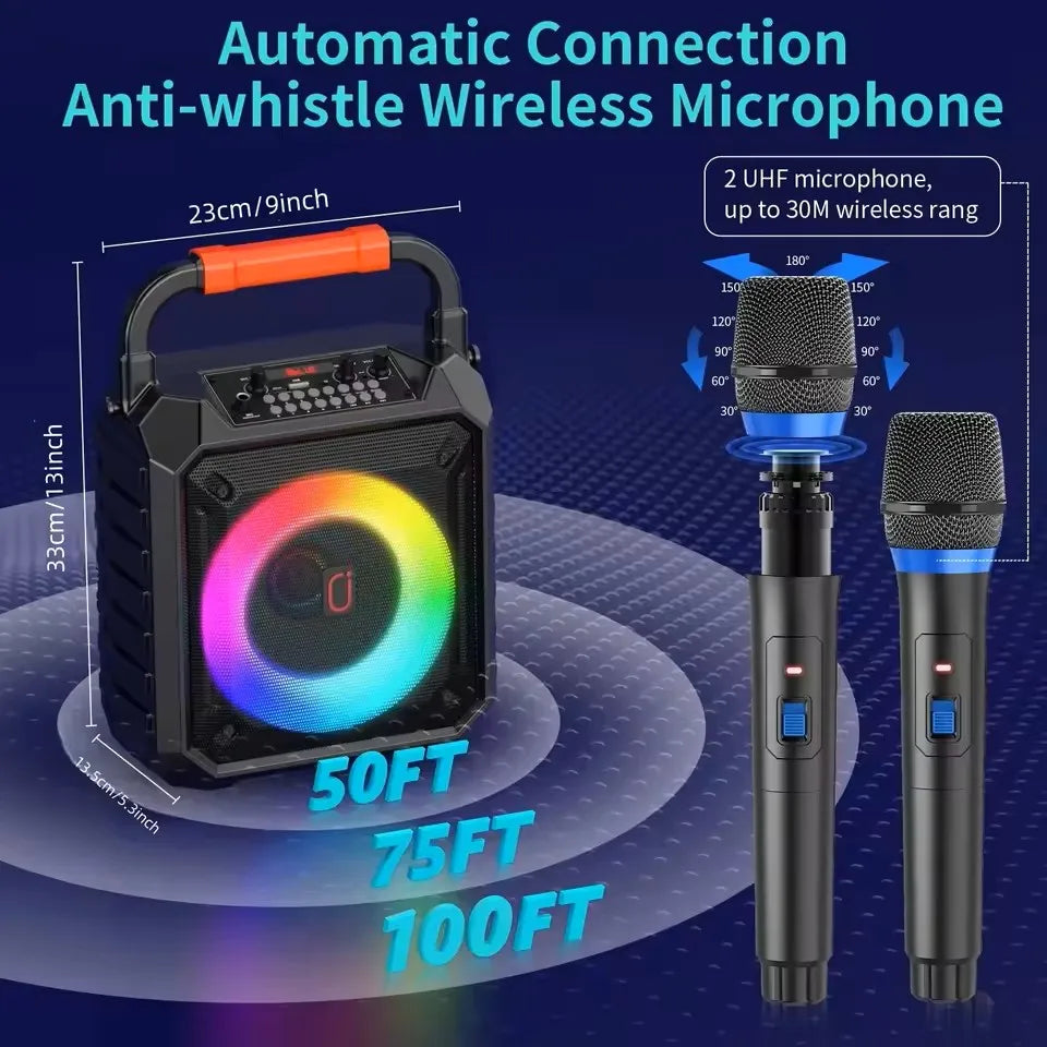 Black portable fanfun t17 karaoke speaker with orange handle rainbow led light ring and wireless karaoke microphones