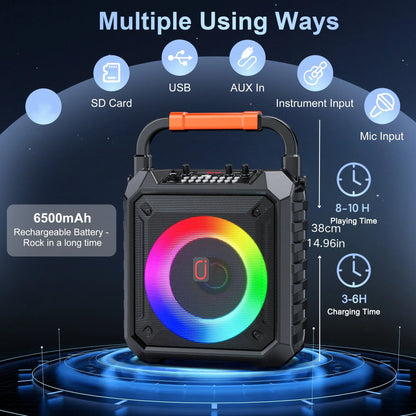 Black fanfun t17 karaoke portable bluetooth speaker with vibrant rainbow led light ring and orange handle with wireless karaoke microphones