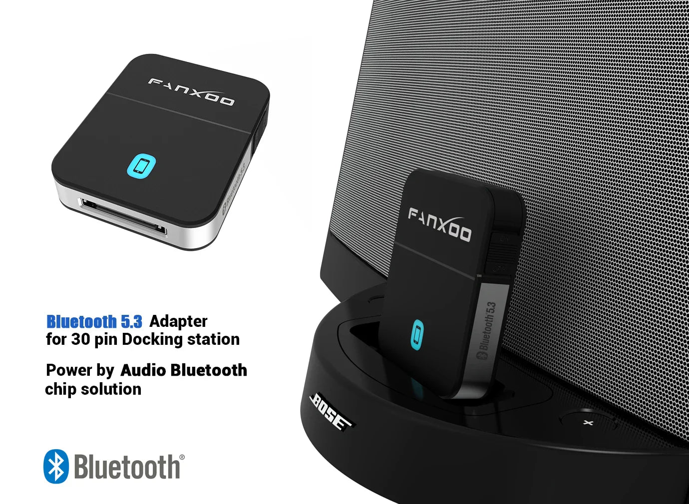 Black fanxoo mini bluetooth receiver 5.3 with silver edges and blue indicator light for bose sounddock yamaha iphone ipod