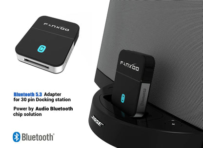 Black fanxoo mini bluetooth receiver 5.3 with silver edges and blue indicator light for bose sounddock yamaha iphone ipod
