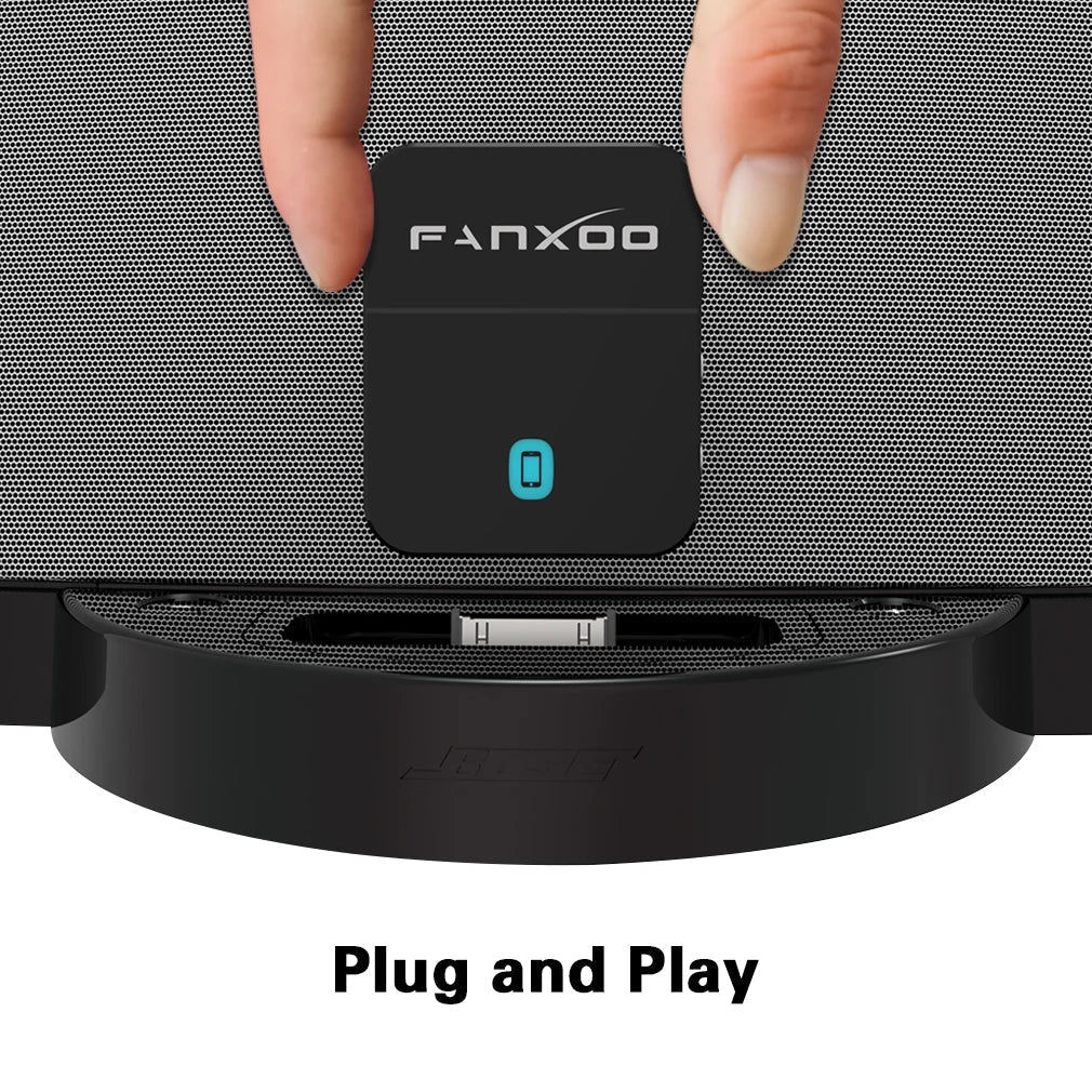 Black rectangular fanxoo mini bluetooth receiver adapter with glowing blue power button for bose sounddock yamaha iphone ipod