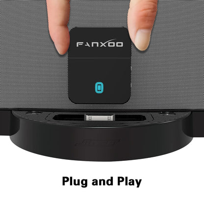 Black rectangular fanxoo mini bluetooth receiver adapter with glowing blue power button for bose sounddock yamaha iphone ipod