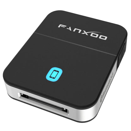 Black and silver Fanxoo mini bluetooth receiver with glowing blue LED for bose sounddock and Yamaha iphone ipod use