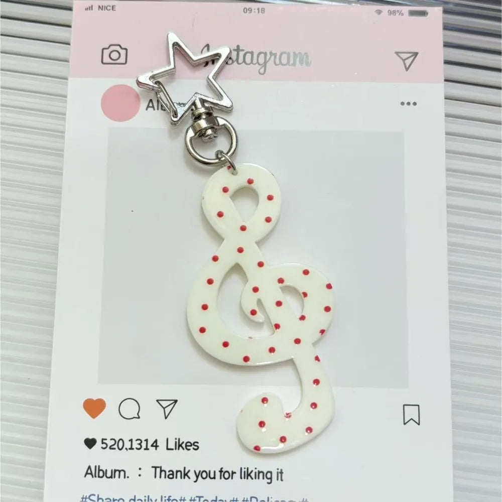 Fashion cartoon acrylic musical note keychain white treble clef with red polka dots and silver star charm kawaii bag charm