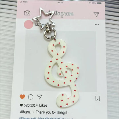 Fashion cartoon acrylic musical note keychain white treble clef with red polka dots and silver star charm kawaii bag charm