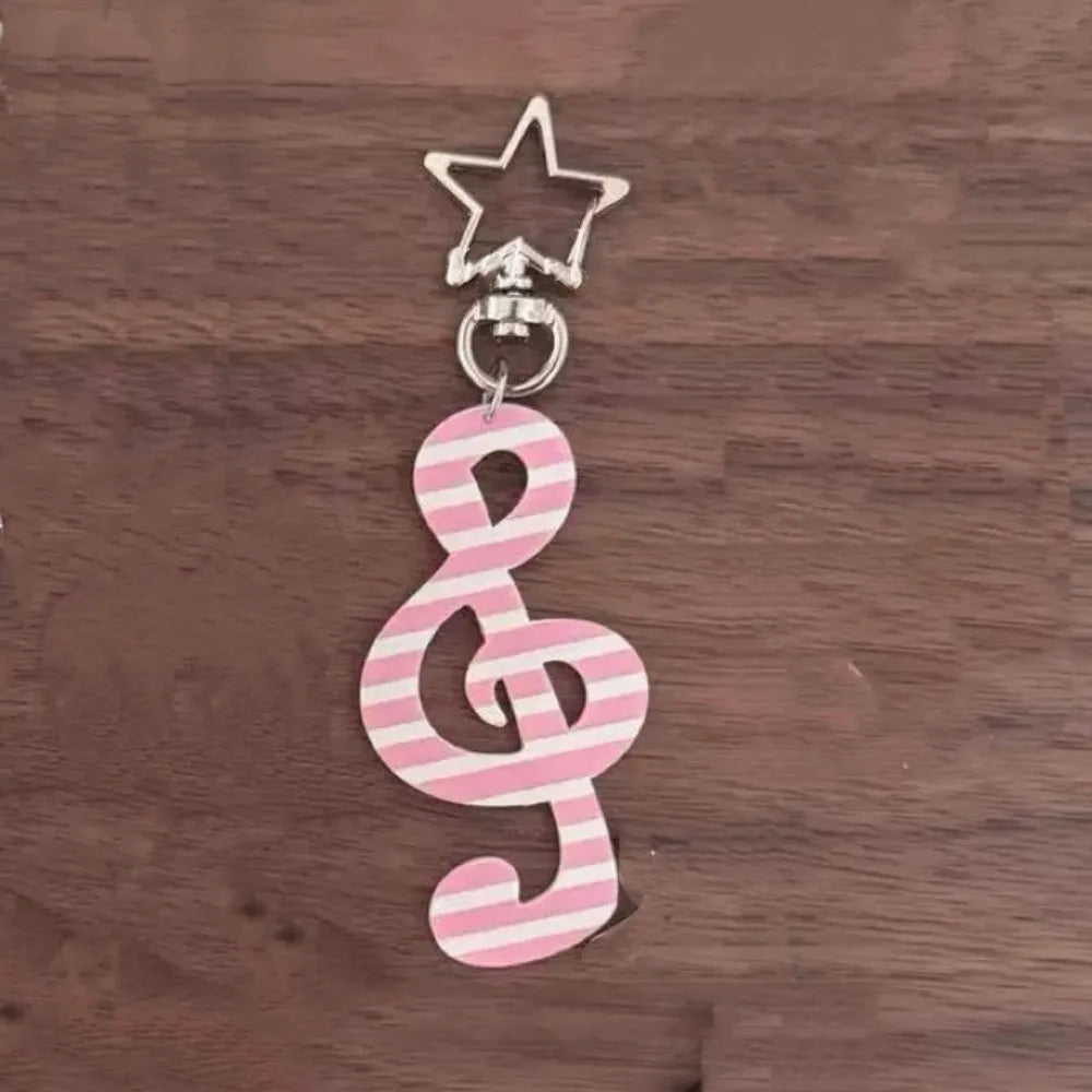 Pink and white striped treble clef musical note keychain with silver star top fashion cartoon acrylic kawaii charm
