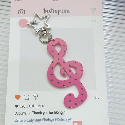 Pink polka-dotted fashion cartoon acrylic musical note keychain with silver star clasp kawaii bag charm accessory