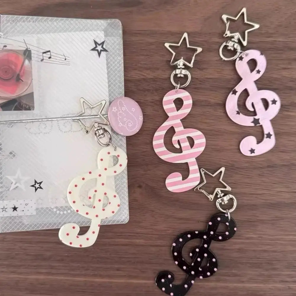 Pink and white striped fashion cartoon acrylic musical note keychain with star accents kawaii bag charm