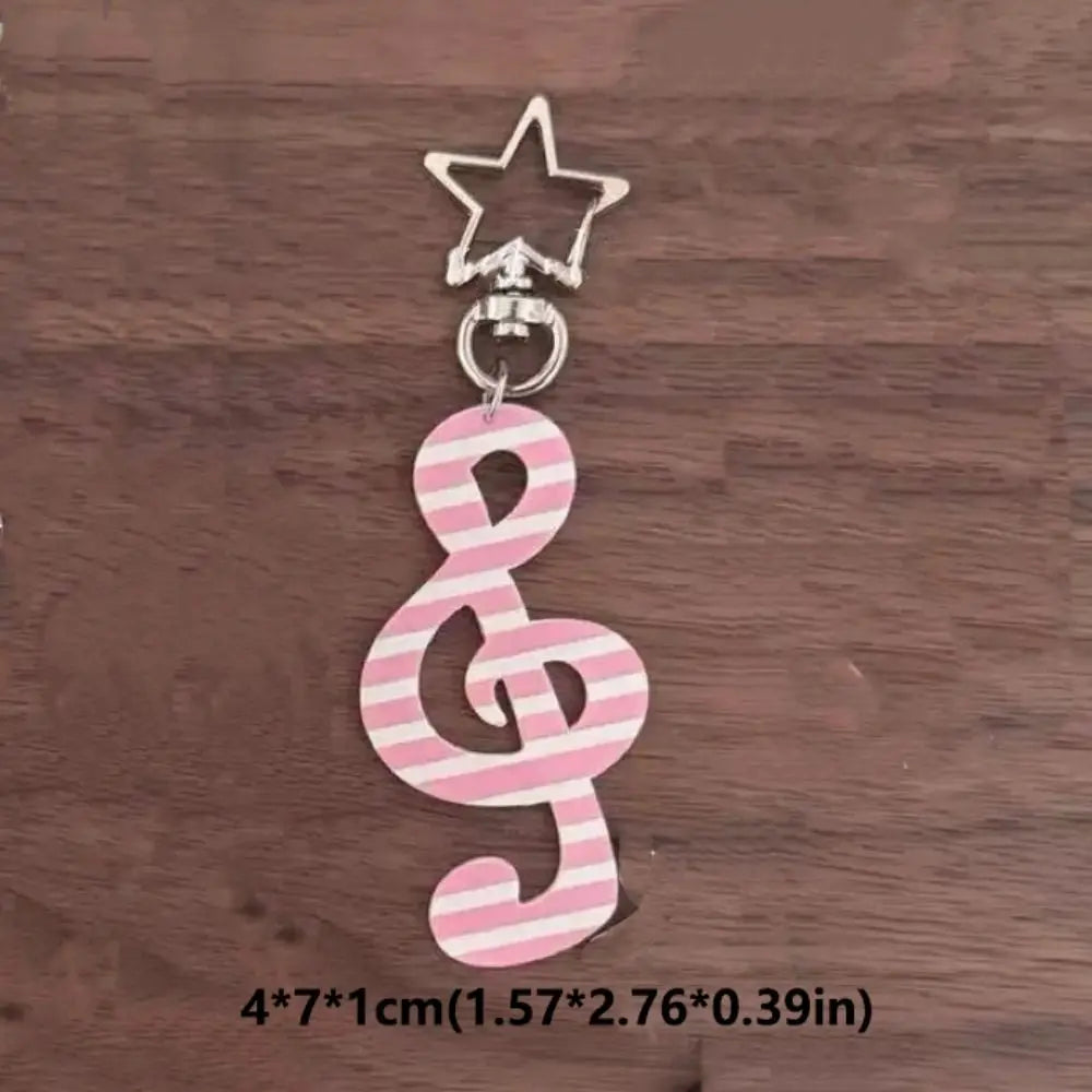 Pink and white striped treble clef fashion cartoon acrylic musical note keychain with silver star top kawaii bag charm