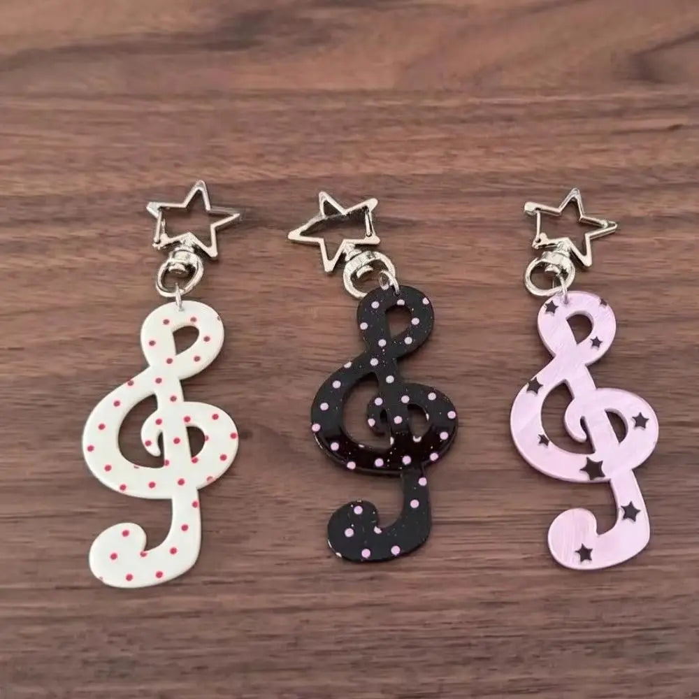 Fashion cartoon acrylic musical note keychain set with star clasp featuring white red dots black white dots and pink black stars