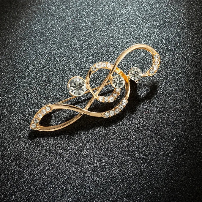 Gold-colored fashion crystal broochs rhinestone music note with clear stones for women wedding pin gift and party accessory