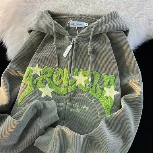 Gray corduroy fashion embroidery zip hoodie with green and white star design loose hood shirt harajuku y2k style