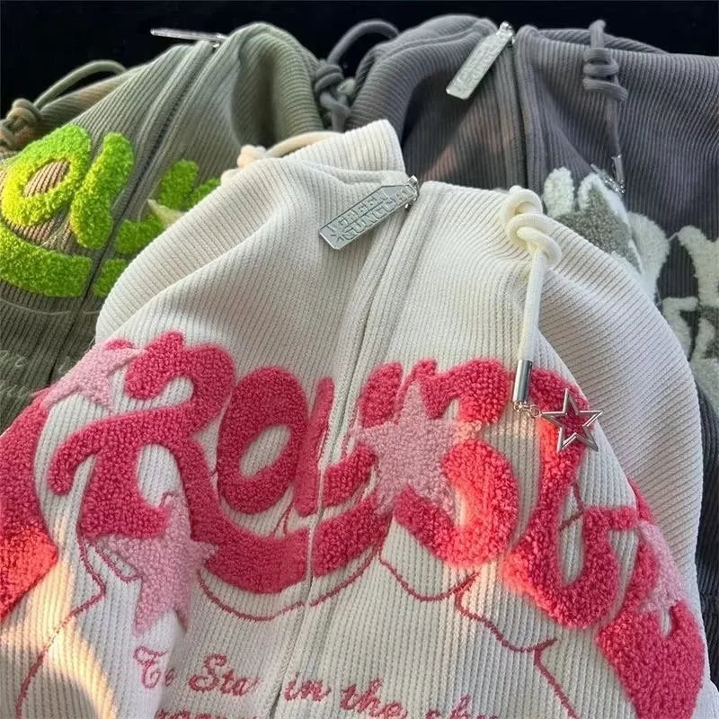 Cream-colored corduroy fashion embroidery zip hoodie with pink fuzzy lettering and small red star charm loose hood shirt harajuku y2k