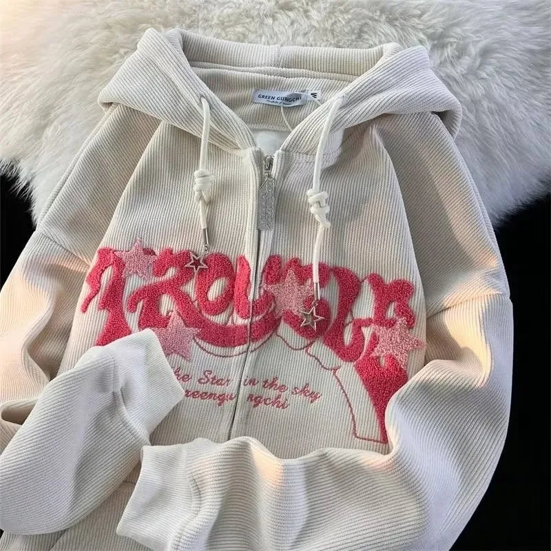Cream-colored corduroy zip-up hoodie with pink embroidery and star details loose hood shirt harajuku y2k style