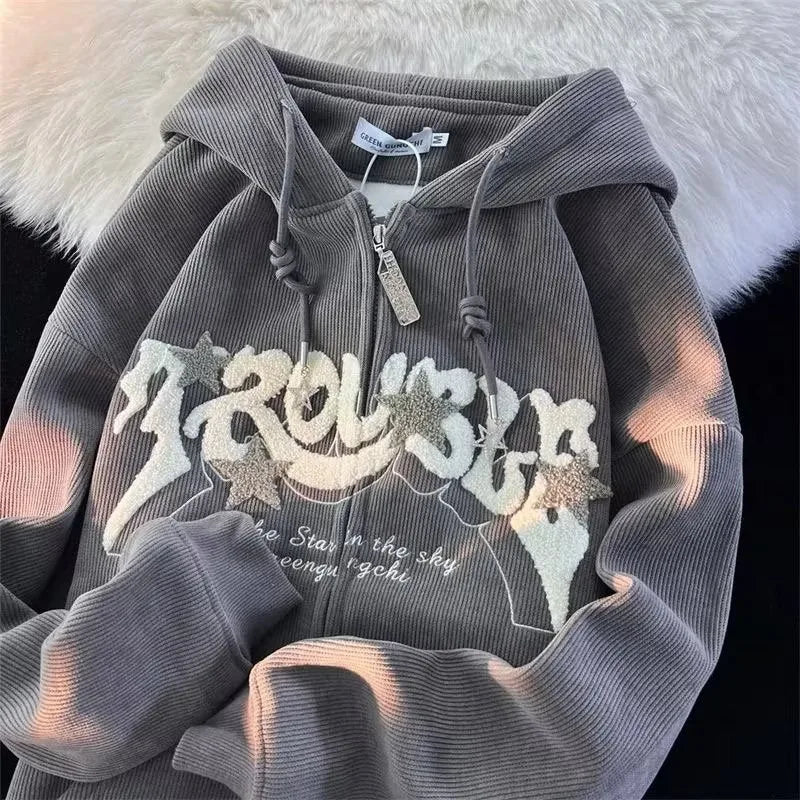 Gray corduroy fashion embroidery zip hoodie with white silver glitter trousers graphic loose hood shirt harajuku y2k style