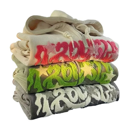 Stacked loose hood shirts harajuku y2k made of corduroy with bold fashion embroidery zip designs in pink green and white