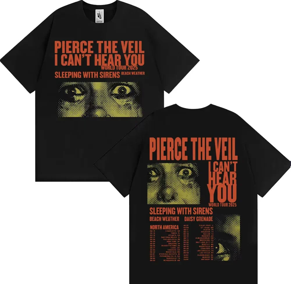 Black cotton pierce veil merch t-shirt y2k with orange text and halftone eyes graphic for fashion hip-hop rock fans