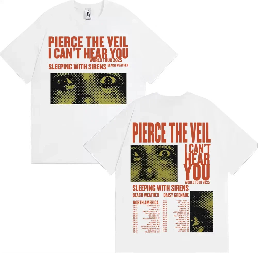 White cotton fashion hip-hop rock t-shirt with bold orange black pierce veil merch t-shirt y2k tour graphic design