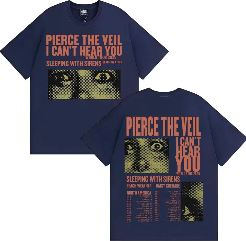 Navy blue cotton fashion hip-hop rock t-shirt featuring pierce veil merch y2k graphic for i cant hear you tour 2026