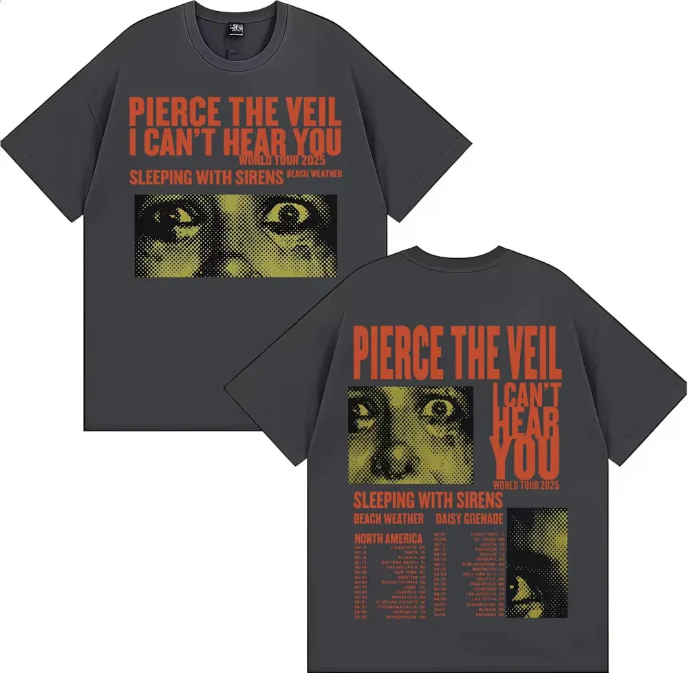 Dark gray oversized fashion hip-hop rock t-shirt with bold orange pierce veil merch t-shirt y2k tour graphic print