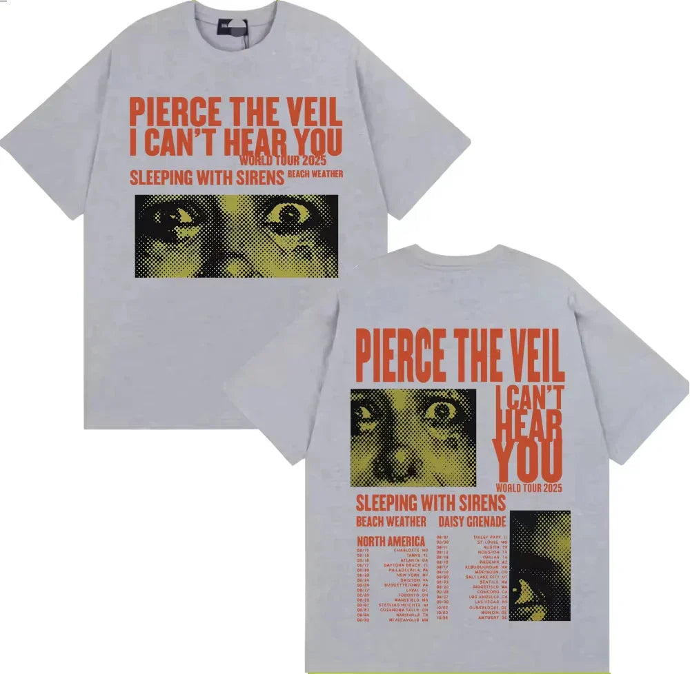 Light gray cotton fashion hip-hop rock t-shirt featuring bold orange black pierce veil graphic and 2026 tour details