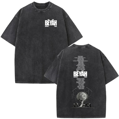 Black oversized vintage washed rapper t shirt with white beyah tour graphic and itinerary on the back for women clothing streetwear