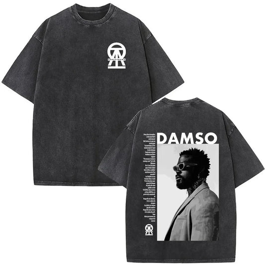 Black oversized vintage washed rapper t shirt with distressed wash front logo and back portrait for women clothing streetwear