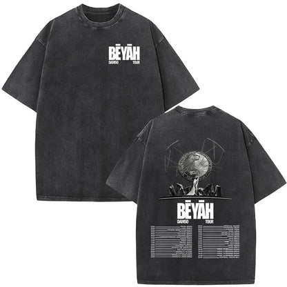 Black oversized vintage washed rapper t shirt back with white beyah damso tour text graphic trophy and tour dates for women clothing streetwear