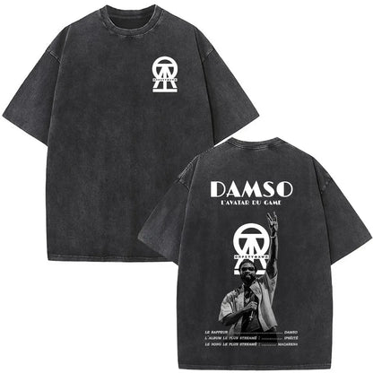 Black oversized vintage washed rapper damso t shirt with white graphic on back and logo front for women clothing streetwear