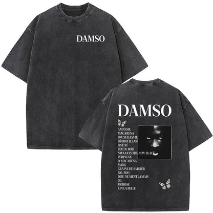 Black distressed cotton t-shirt featuring damso branding with vintage washed rapper graphic for women clothing streetwear