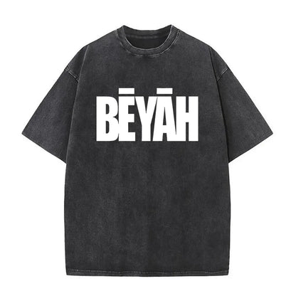 Black distressed cotton t-shirt with bold white bêyâh lettering, vintage washed rapper style for women clothing streetwear
